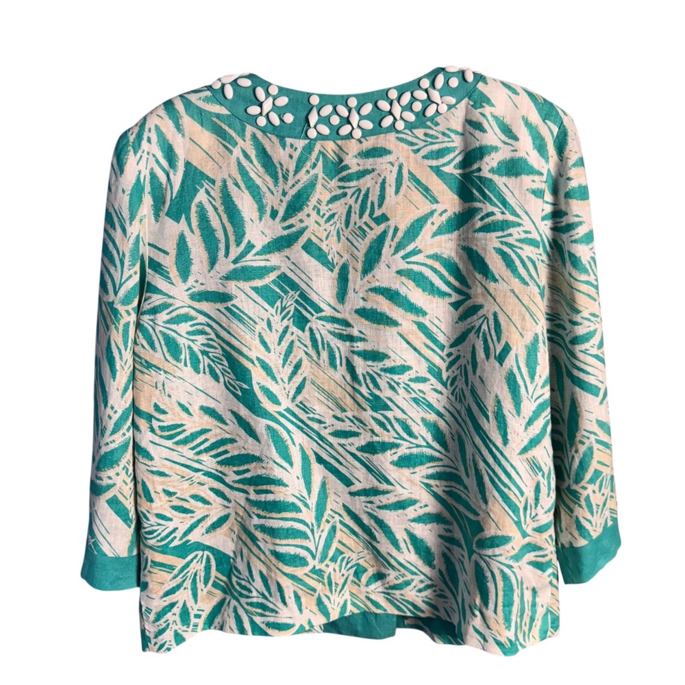 JM Collection Teal Tropical Leaf Print Linen Jacket Beaded Neckline Size 16 - Picture 3 of 7
